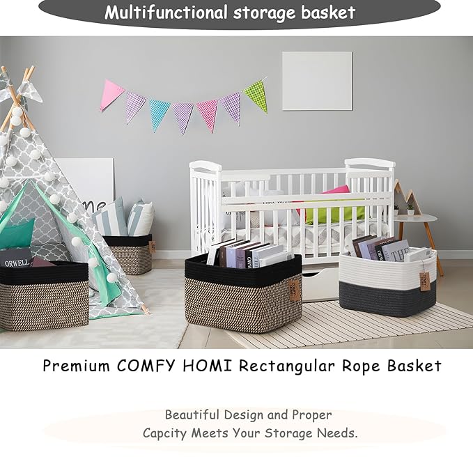 COMFY-HOMI 3PACK Cotton Rope Square Basket with Handles for Shelves|Dog Toy Bin and Storage|Baby Gift|Shoe Organizer|New 13.5" x 11" x 9.5" for Living Room (Black/Jute)-Ruum Studio Home