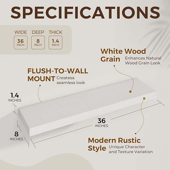 36 inch Floating Shelves Wall Shelves for Office with Invisible Brackets, 8 inch Deep Shelves for Bathroom, Living Room, Kitchen, Office, 36x7.9 inch deep Set of 2, White-Ruum Studio Home