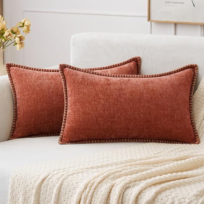 MIULEE Pack of 2 Fall Couch Throw Pillow Covers 12x20 Inch Burnt Orange Farmhouse Decorative Pillow Covers with Stitched Edge Soft Chenille Solid Dyed Pillow Covers for Sofa Bed Living Room-Ruum Studio Home