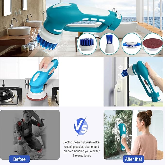 Electric Scrubber Power Cordless, Portable 360 Handheld Washing Cleaning Machine with 6 Replaceable Brush Heads, High Rotation for Bathroom, Floor, Kitchen, Car, Sink, Wall, Window-Ruum Studio Home