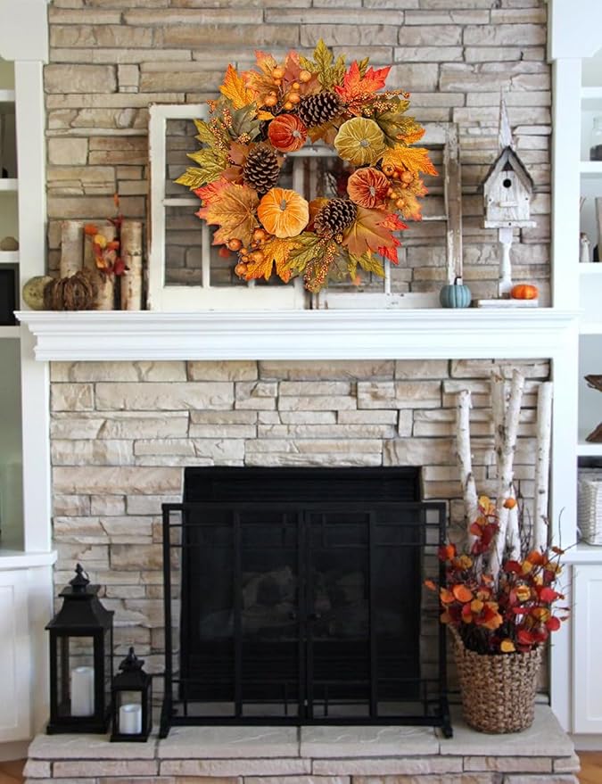 Fall Wreaths for Front Door 16'' Autumn Velvet Pumpkin Wreath with Metal Hook Harvest Maple Wreath Fall Decoration for Home Halloween Thanksgiving Decoration, Briful-Ruum Studio Home