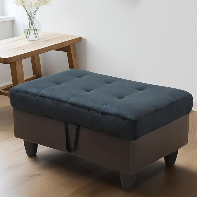 Ottoman Rectangular Storage Ottoman Bench, Flannel Footrest Stool Footstool with Lid for Living Room, Bedroom, Entryway, Dark Blue&Brown, 35"x23.5"x17.5"-Ruum Studio Home