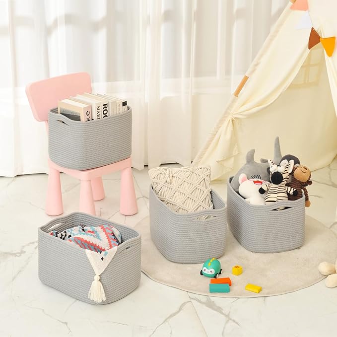 Storage Baskets for Organizing & Shelves, Woven Cotton Rope Organization Bins for Dog Toys, Clothes, Books, Nursery Organizer, 15" Lx11 Wx9.5 H, (4 Packs) Grey-Ruum Studio Home