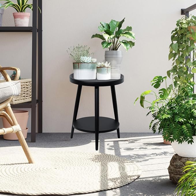 Small Round Side Table, 2-Tier Mid Century Modern Side Table, Round End Table Small Side Table for Living Room, Metal Frames, Black-Ruum Studio Home