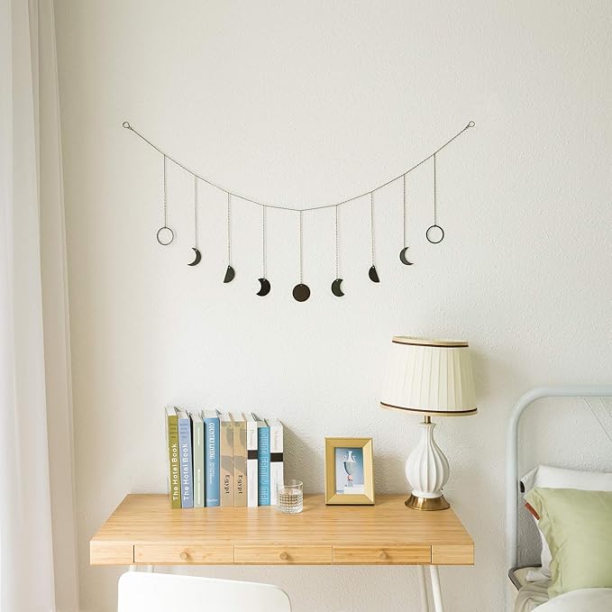 Mkono Moon Phase Wall Hanging Boho Aesthetic Room Decor Metal Moons Garland Hanging Art Bohemian Home Decoration for Girls Room Nursery Bedroom Livingroom Dorm, Ideal, Black, 50"-Ruum Studio Home