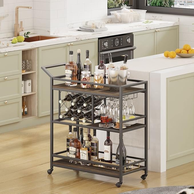 FATORRI Bar Cart for The Home with Wine Rack and Glasses Holder, Small Home Bar Serving Cart on Wheels for Liquor and Alcohol (Walnut Brown)-Ruum Studio Home