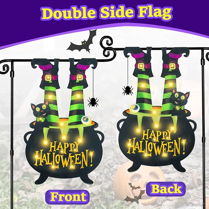 Halloween Lighted Garden Flag for Outside, Witch Feet Shape Flag Yard Decor, 8 Modes Double Sided Cauldron Eyeball Black Cat Outdoor Hlloween Decorations for Home Porch (Warm White-28x40)-Ruum Studio Home