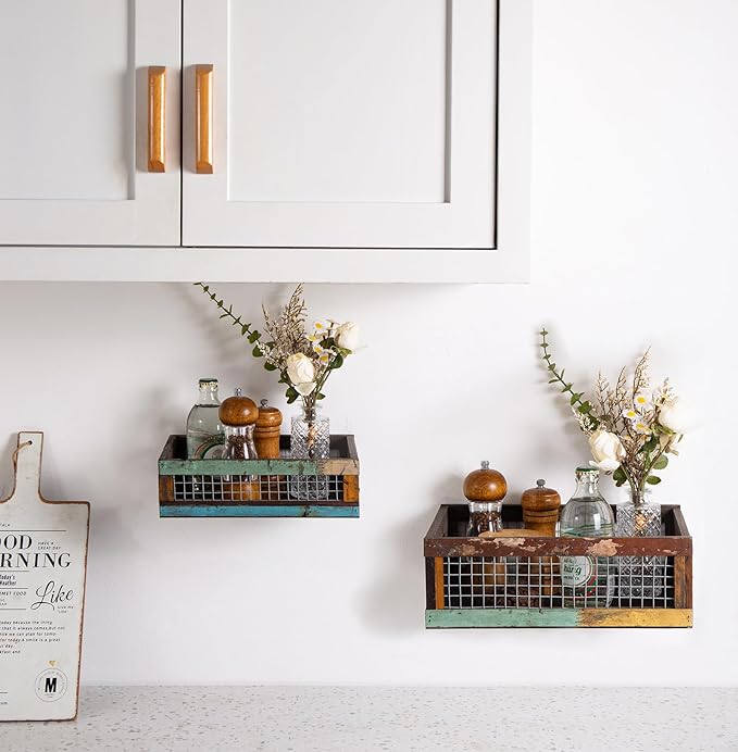 TIMRIS Set of 2 Rustic Wooden Countertop Baskets, Farmhouse Distressed Nesting Boxes, Small Decorative Wooden Storage Crates, Reclaimed Wood Organizer Baskets with Wire Mesh (Random)-Ruum Studio Home