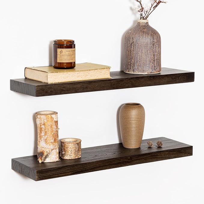 Wood Floating Shelves for Wall, 24" Floating Shelves Wall Mounted, Rustic Old Elm Wood Shelves for Home Decor, Heavy-Duty Storage Shelves for Books, Bathroom, Kitchen, Walnut Color, Set of 2-Ruum Studio Home