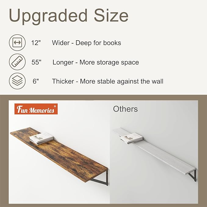Fun Memories Deep Floating Shelves, 55W x 12D Floating Shelves for Wall, Wood Floating Shelf with Bracket, Wide Display & Storage Wall Shelves for Living Room, Bedroom, Rustic Brown-Ruum Studio Home