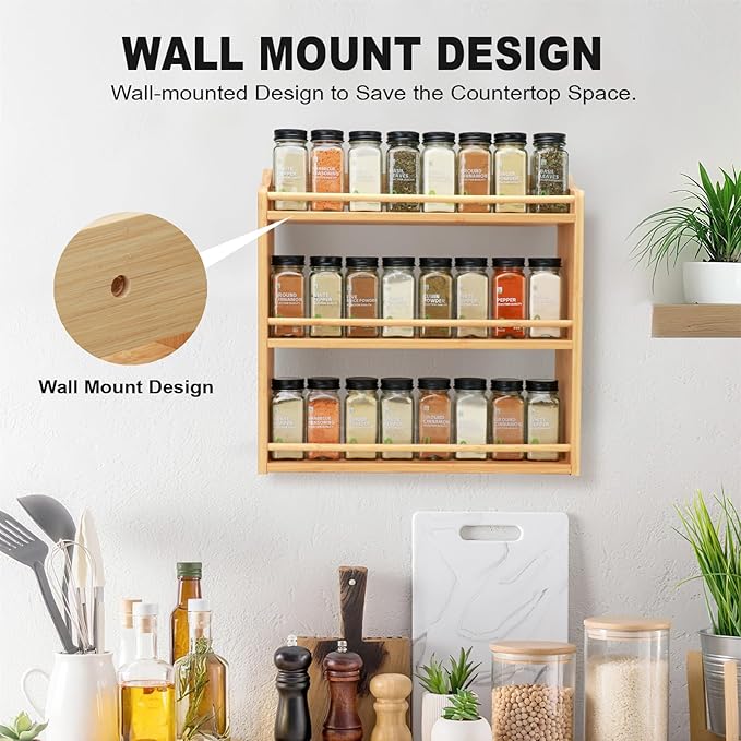 3 Tier Bamboo Spice Rack, Spice Rack Organizer, Seasoning Jars Rack Shelf Spice Organizer for Kitchen Counter or Wall Mounting, Bamboo Spice Storage Holder-Ruum Studio Home