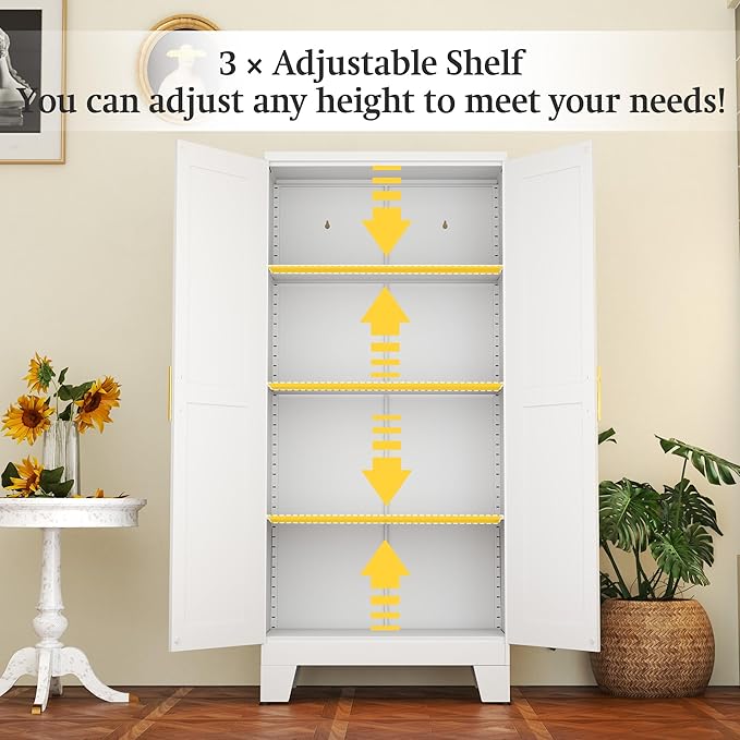 White Metal Storage Cabinet, 61" Steel Cabinets for Home Office, Kitchen Pantry Storage Cabinet with Doors and 3 Adjustable Shelves, Tool Cabinet, for Office, Home, Garage, School-Ruum Studio Home