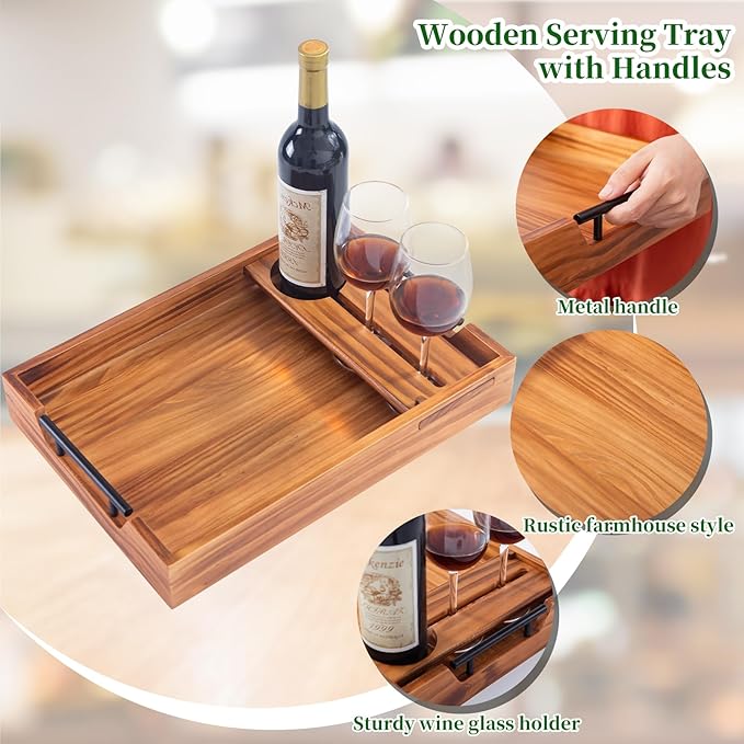 Wood Serving Tray with Handles, 17"x12" Rustic Wooden Trays with Removable Wine Glass Holder Decorative Ottoman Tray for Living Room, Coffee Table, Breakfast Food Trays in Bed-Ruum Studio Home