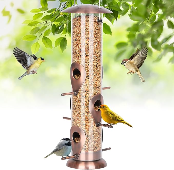 FEED GARDEN Metal Bird Feeders for Outdoors Hanging, 6-Port Tube BirdFeeders for Outside, Finch Feeders for Outside, Brushed Copper Finishing, Bird Feeder with Heavy Duty Metal Lid, Chew-Proof 1 Pack-Ruum Studio Home