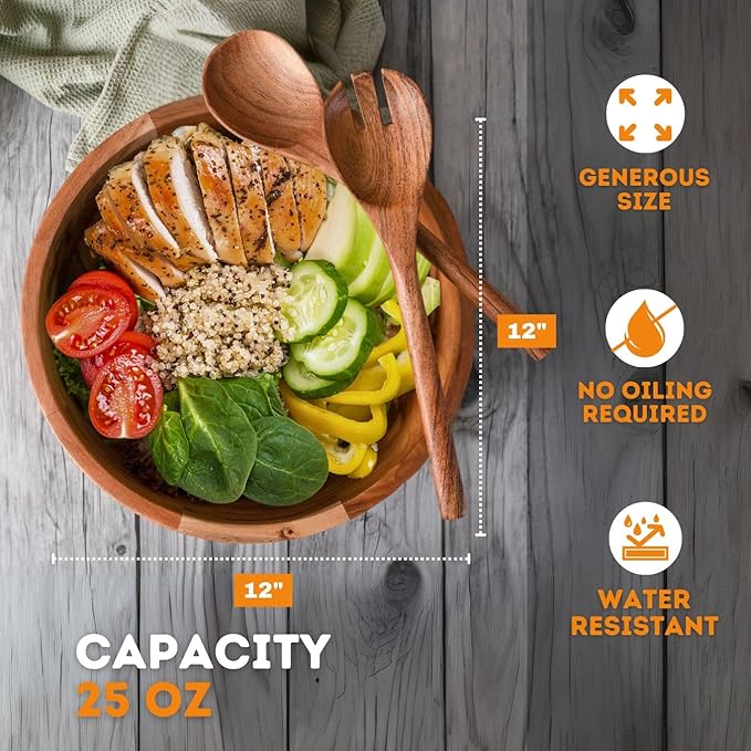 Luxe Designs 12" Wooden Salad Bowl Set with Serving Utensils Eco-Friendly, Multipurpose Mixing & Serving Bowl for Salads, Pasta, Fruits & More – Durable & Stylish Kitchen Essential-Ruum Studio Home