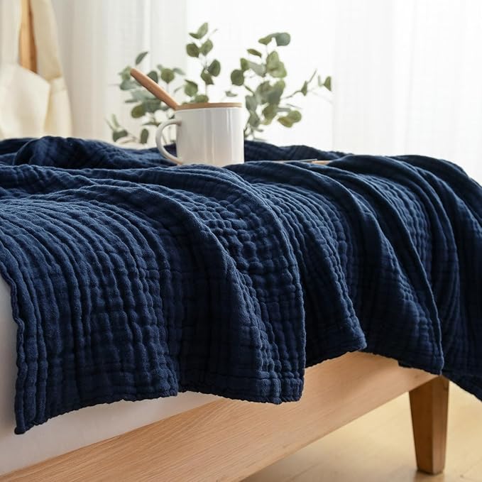 EMME Cotton Muslin Blanket King Size - Soft, Breathable Layering Blanket, 108"x90", All Season Gauze, Navy-Ruum Studio Home