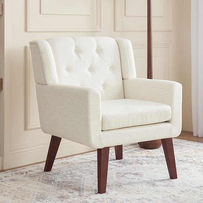 Living&Giving Accent Chair Button-Tufted Upholstered Living Room Chairs Comfy Reading Mid Century Modern with Linen Fabric Lounge Arm for Bedroom (Beige) 29.33D x 28.94W x 34.65H Inch-Ruum Studio Home