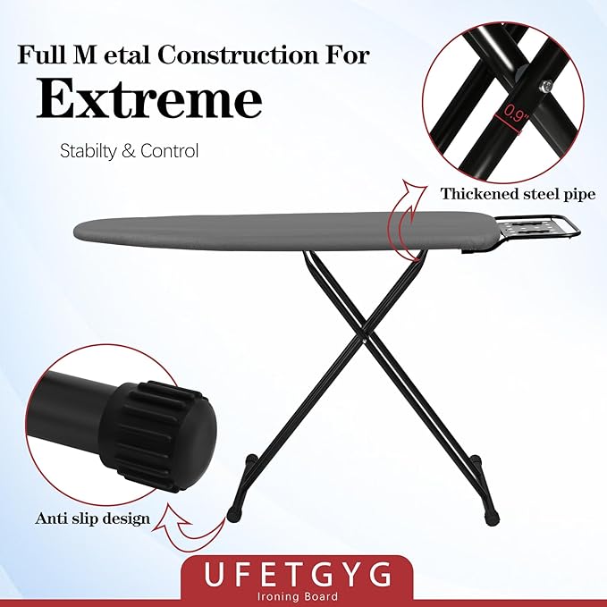 Ironing Board,13" X 43" W/with Iron Rest | Full Metal Construction| Height Adjustable | Heat & Scorch Resistant Fabric | Heavy Duty| Easy to Fold | Anti-Skid Feet |Grey-Ruum Studio Home