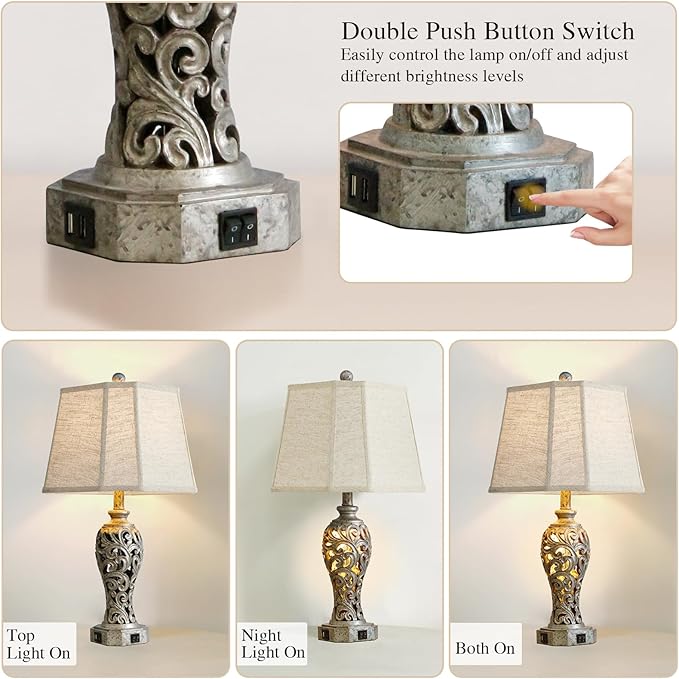 Vintage Table Lamps Set of 2 for Living Room Bedroom, 2 USB Ports 25'' Rustic Farmhouse Desk Lamp with Nightlight, Iron Gray Hollow Out Resin Lamp for End Table (Bulbs Included)-Ruum Studio Home