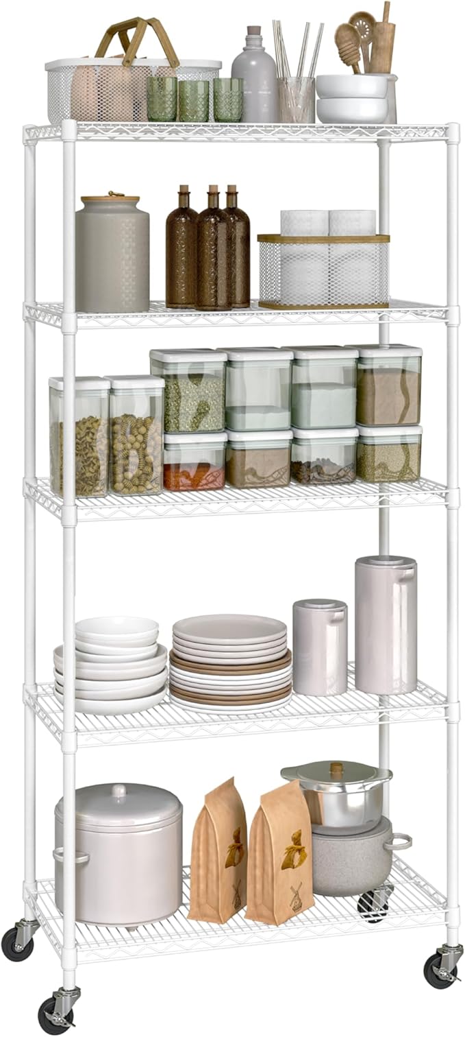 Seville Classics UltraDurable Heavy Duty NSF Solid Steel Wire Rack Storage Unit, Organizer for Garage, Warehouse, Office, Restaurant, Classroom, Kitchen, White, 5-Tier Shelving, 36" W x 14" D-Ruum Studio Home