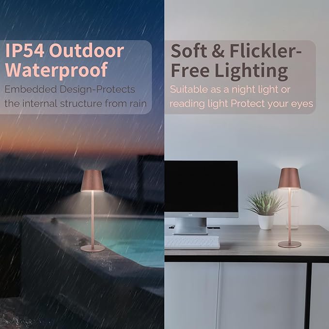 Maksone 2 Pack LED Cordless Table Lamp, 6600mWh Rechargeable Battery Desk Lamp, 3000K Stepless Dimming Night Light, IP54 Waterproof Metal Outdoor Portable Lamp for Camping, Restaurant(Brown)-Ruum Studio Home