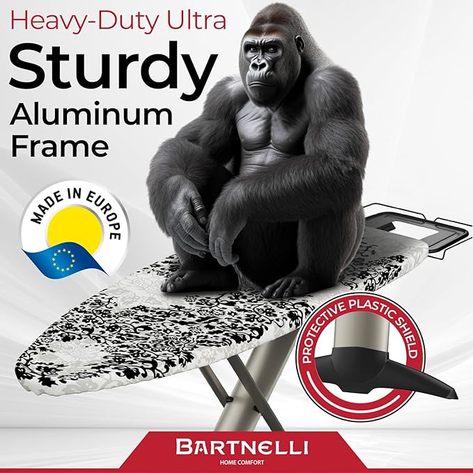Bartnelli Pro Luxury Ironing Board - Extra Wide 62x19” Steam Iron Rest, Adjustable Height, T-Leg Foldable, European Made-Ruum Studio Home