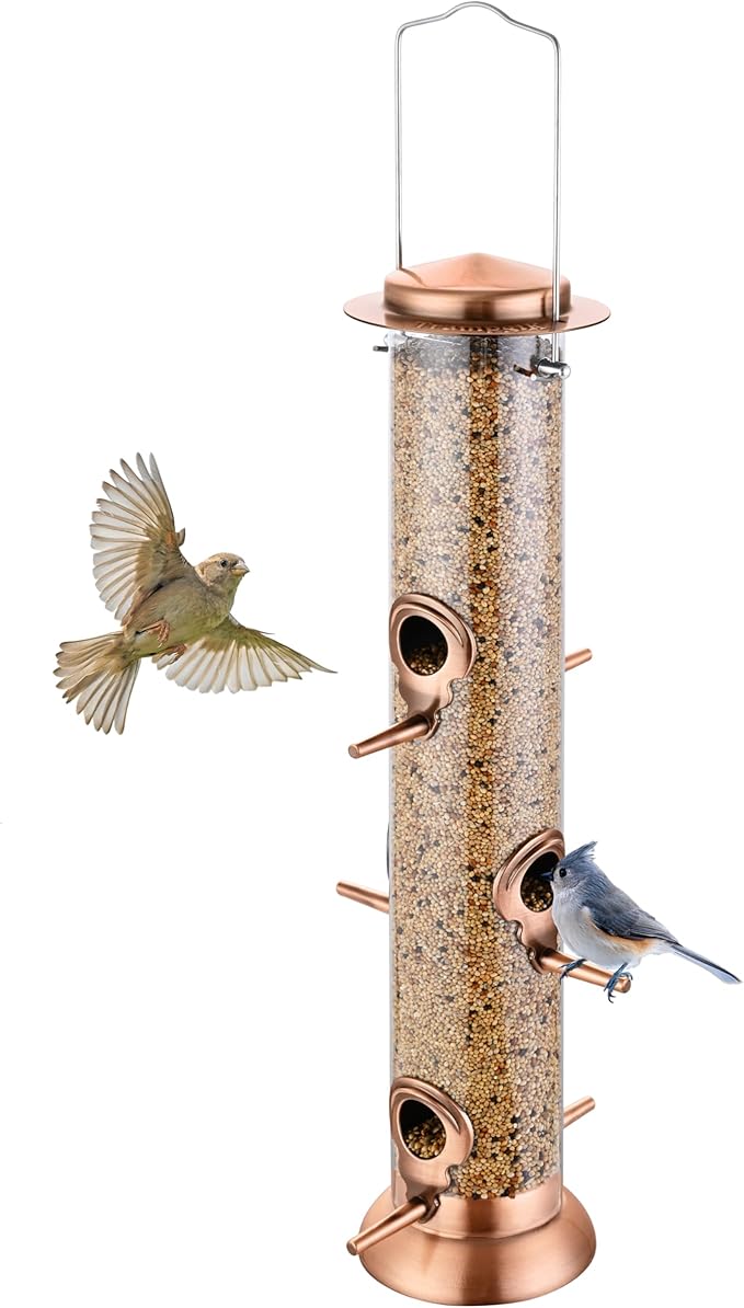 Metal Tube Bird Feeders for Outdoors Hanging,Finch Feeders for Outside,All Metal Brushed Copper Finishing,14 Inch 6 Port (Seed is not Included)-Ruum Studio Home