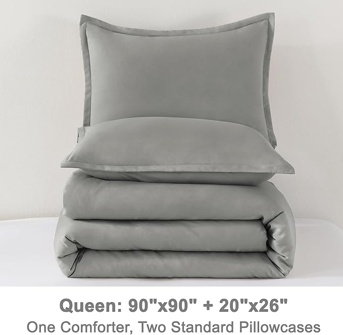 Litanika Comforters Medium Gray Queen Size, 3 Pieces Lightweight Solid Bedding Set & Collections, All Season Fluffy Bed Set (90x90In Comforter & 2 Pillowcases)-Ruum Studio Home