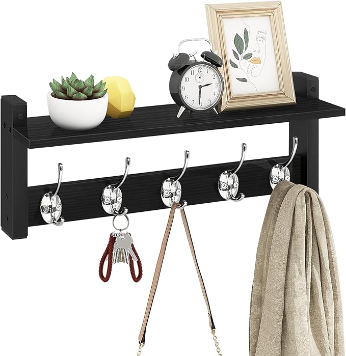 Homode Wall Coat Rack With Shelf, Wood Entryway Hanger With Hooks, Small Floating Pegs for Hanging Coats, Hats, Purses, Backpacks, Black-Ruum Studio Home