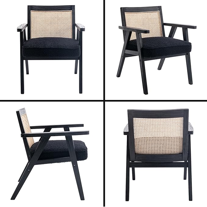 Accent Rattan Chairs Set of 2, Faux Fur Upholstered Living Room Chairs with Cane Back, Retro Mid Century Modern Cane Chair Armchair for Reception Reading Indoor Outdoor, Black-Ruum Studio Home
