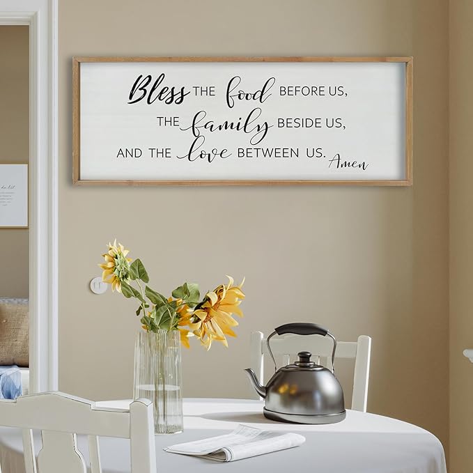 SRSZHIYUE Bless the Food Before Us Wall Sign Decor 40"×15" Christian Bible Verse for Farmhouse Rustic Kitchen Dining Room Framed Wood Scripture Religious Jesus Prayer Wall Art (Wood)-Ruum Studio Home