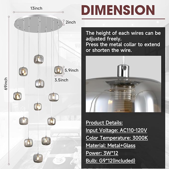 Flush Mount Chandelier,Crystal Pendant Light with 12 G9 LED Bulbs,Chandelier Hanging Flush Mount Lighting Fixtures for Spiral Staircase,Foyer,Entryway,Living Room(12 Lights,3000K)-Ruum Studio Home