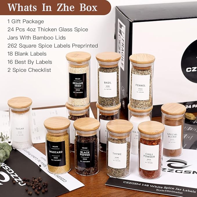 24 Pcs Glass Jars With 296 Spice Labels Preprinted of White and Black Color- 4oz Thicken(2.4mm) Empty Small Herb Seasoning Containers With Bamboo Airtight Lids-Ruum Studio Home