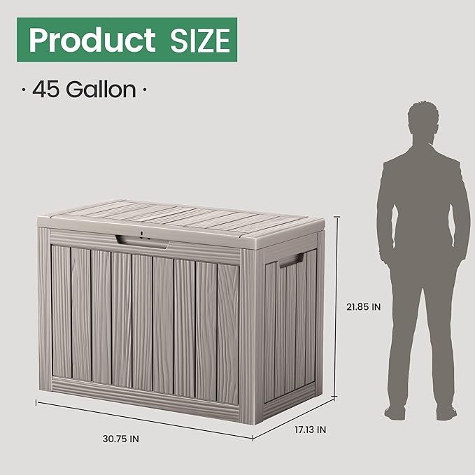 45 Outdoor Storage Box, Waterproof Resin Deck Box with Side Handles, Lockable Outdoor Bench for Indoor & Outdoor Use, Storage Bin for Patio Cushions, Garden Tools, Package Delivery, Grey-Ruum Studio Home