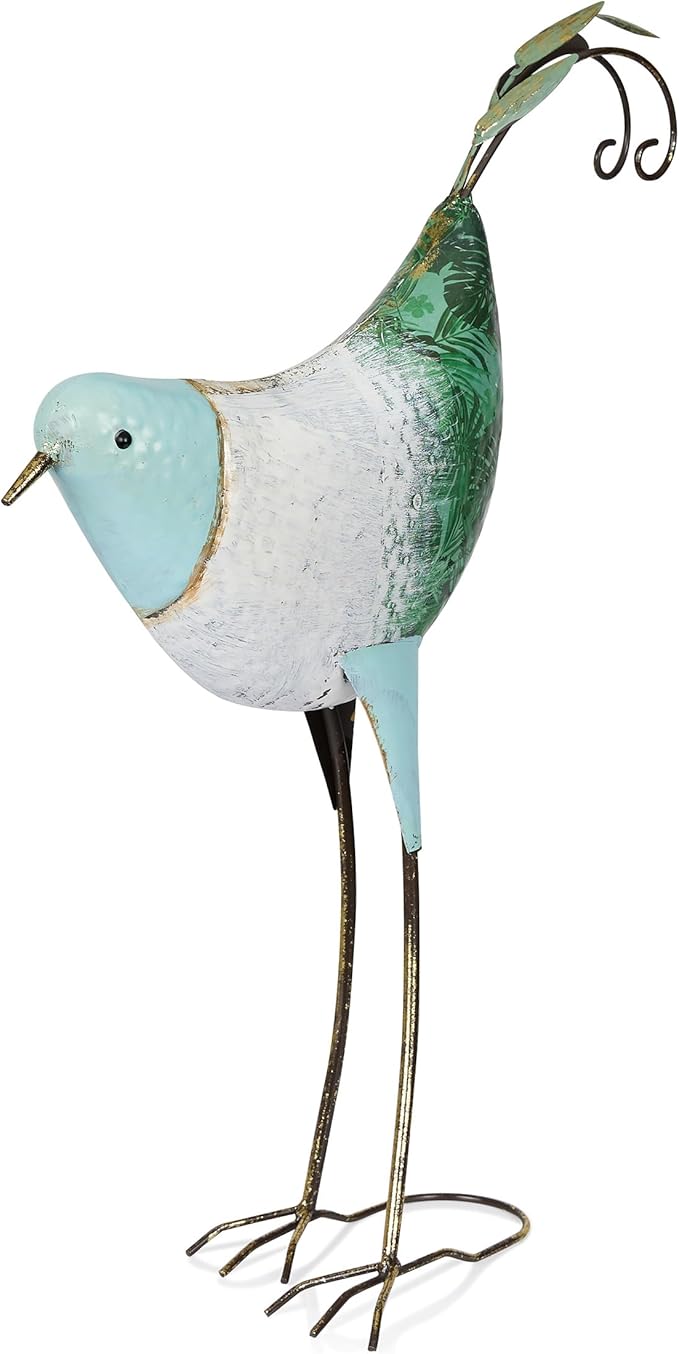 Alpine Corporation MCC702 Head-Down Metal Bird Outdoor Statue, Animal Décor for Patio, Lawn & Garden, 24" H, Blue and White-Ruum Studio Home
