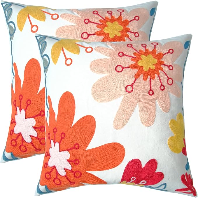 Embroidered Decorative Throw Pillow Cover, 18"x18" Set of 2, Farmhouse Pillowcase Pink Red Flower Knit Pattern Cotton Canvas Cushion Case Square Floral Pillow Case for Sofa Couch Bed Living Room…-Ruum Studio Home