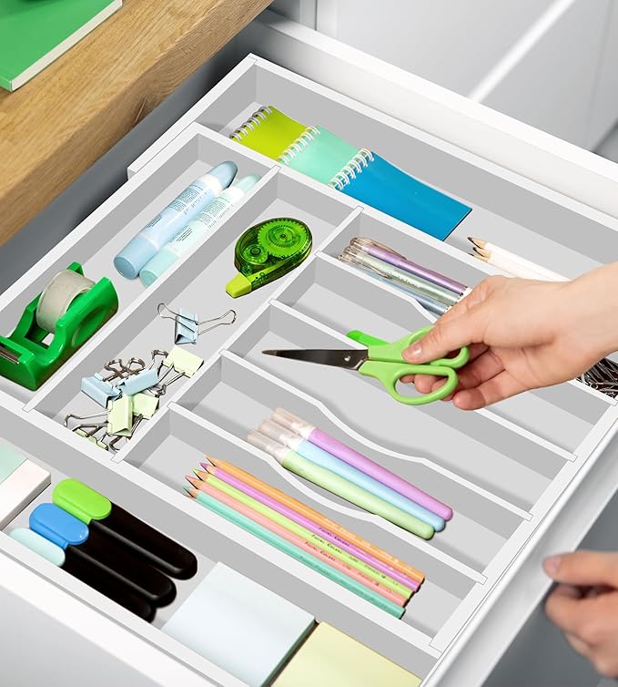 ROYAL CRAFT WOOD Luxury Bamboo Kitchen Drawer Organizer - Silverware Organizer - Utensil Holder and Cutlery Tray with Grooved Drawer Dividers for Flatware and Kitchen Utensils (9 Slot, White)-Ruum Studio Home