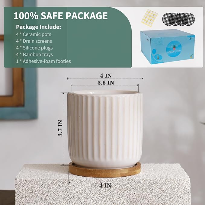 TAMAYKIM 4 Inch Ceramic Plant Pots with Drainage Holes, Modern Flower Planter with Saucer for Indoor Plants, Succulent, Cactus & Herbs, White, Set of 4 (Plants Not Included)-Ruum Studio Home