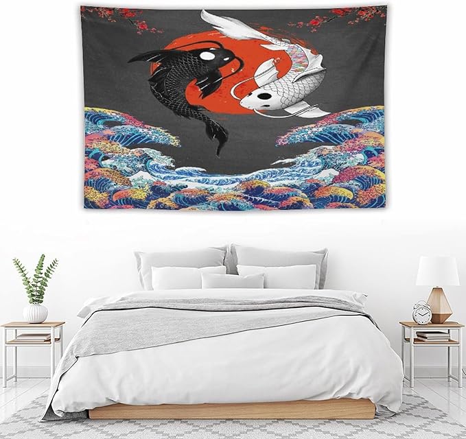 Houselerax Japanese Koi Fish Tapestries, Yin Yang Big Wave Cherry Blossom Tapestry Wall Hanging for Bedroom Living Room Office Decor 90"x60"-Ruum Studio Home