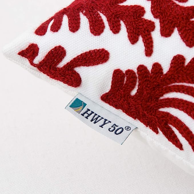 HWY 50 Burgundy Red Decorative Throw Pillow Covers 18x18 Inch (1 Piece), Embroidered Cotton Farmhouse Cushion Cover Pillow Case for Sofa Couch Living Room Bed Bedroon, Floral Branches-Ruum Studio Home