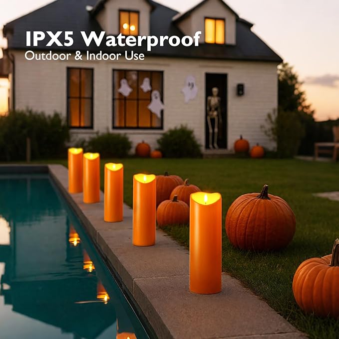 Homemory 4"x12" Halloween Orange Flameless Candles, Fall Candles, Outdoor Waterproof Flameless Candles with Remote and Timers, Battery Operated LED Pillar Candles, Won't Melt Plastic, Set of 2-Ruum Studio Home