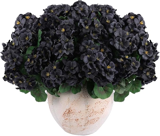 Hananona 12 Bundles Artificial Geranium Flowers for Outdoors Black Silk Geranium Flowers Outdoor UV Resistant Plants Faux Black Flower for Home Kitchen Halloween Table Centerpieces Decor (12, Black)-Ruum Studio Home