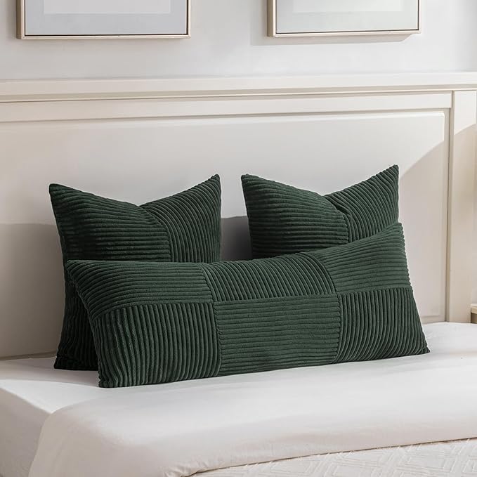 Fancy Homi Set of 2 Dark Green Boho Long Lumbar Body Decorative Throw Pillow Cover 14x36 Inch for Bed Couch Bedroom Bench, Soft Patchwork Corduroy Textured Pillow Case, Rustic Farmhouse Room Decor-Ruum Studio Home