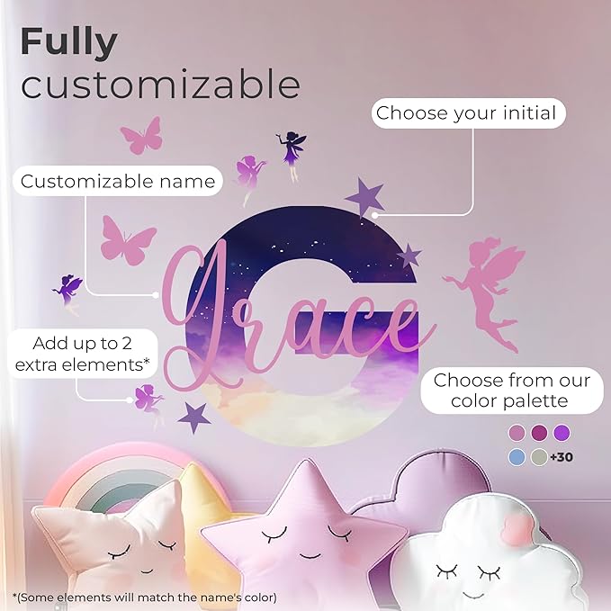 Custom Stickers Name Wall Decor I Personalized Name Sign for Room Decor | Multiple Custom Name & Initial I Decal for Baby Girl Nursery Decor I Nursery Wall Decal for Baby (B. Night Sky)-Ruum Studio Home