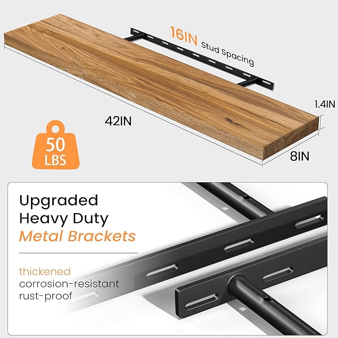 Floating Shelves for Wall, 42" Flat Edge Solid Elm Wood Floating Shelf, Wall-Mounted Display Shelves with Invisible Heavy-Duty Metal Bracket, Floating Shelf for Living Room Kitchen, Natural