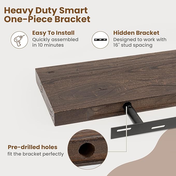 Floating Shelves for Wall Decor, 8 Inch Deep Rustic Solid Elm Wood Floating Shelves Wall Mounted, Wall Shelves with Invisible Bracket for Living Room Bathroom Bedroom Kitchen, 48 Inch Set of 1, Walnut-Ruum Studio Home