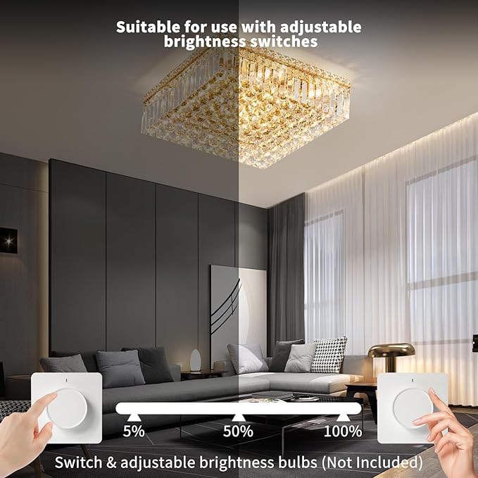 12-Lights Gold Crystal Flush Mount Ceiling Light Fixtures,Elegant Crystal Chandelier Pendant Ceiling Lamp for Bedroom,Living Room,Dining Room,Hallway H5.9 x W20 x L20 (Bulb Not Included) Square-Ruum Studio Home