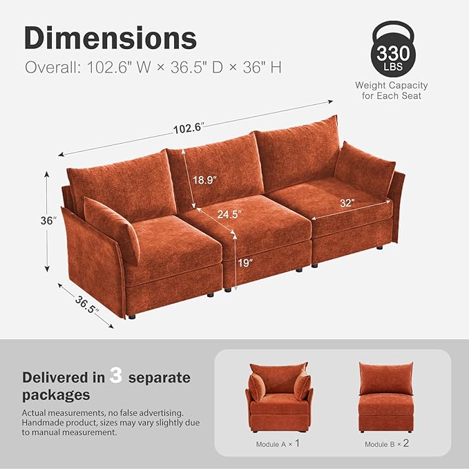 102.6" Modular Sectional Sofa, Oversized 3-Seater Terracotta Orange Couch with Removable Chenille Fabric Cover, Deep Seat & High Backrest for Living Room, Office & Apartment-Ruum Studio Home