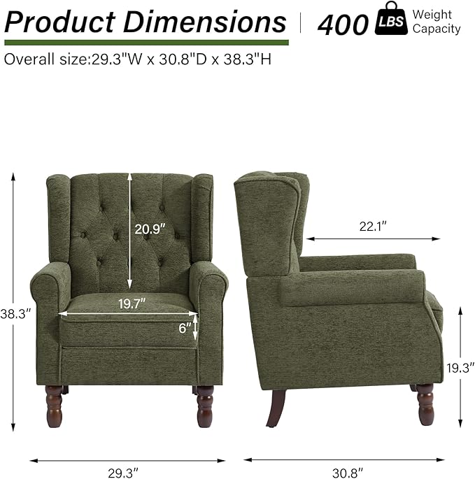 Accent Chair, Upholstered Armchair with Button Tufted High Back & Solid Wood Legs, Comfy Wingback Reading Single Sofa Chair for Small Spaces, Living Room, Bedroom (Green, Set of 2)-Ruum Studio Home