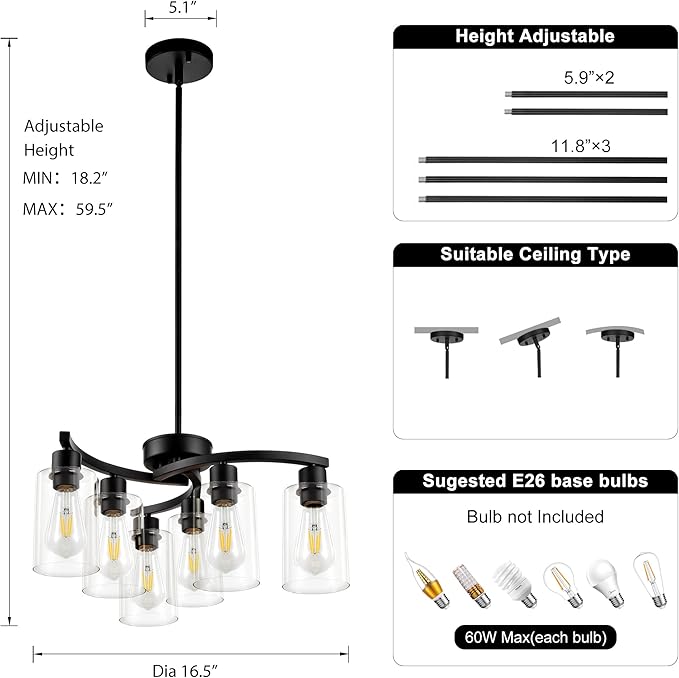 6 Light Modern Farmhouse Chandelier，Black Dining Room Light Fixture，Kitchen Pendant Lights Over Island with Glass Shade-Ruum Studio Home